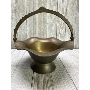 Vintage Solid Brass Basket with Handle Ruffled Scalloped Edge - Made in India